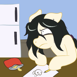 Size: 576x576 | Tagged: safe, artist:scraggleman, oc, oc only, oc:floor bored, earth pony, pony, 4chan, annoyed, chips, female, food, frown, hoof hold, mare, paper, pencil, picture, reaction image, refrigerator, solo, table, unamused