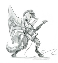 Size: 1100x1197 | Tagged: safe, artist:baron engel, scootaloo, anthro, unguligrade anthro, g4, bad guitar anatomy, breasts, busty scootaloo, cleavage, clothes, electric guitar, eyes closed, female, grayscale, guitar, large wings, midriff, monochrome, musical instrument, older, pencil drawing, rock (music), rocking out, simple background, solo, traditional art, white background, wings
