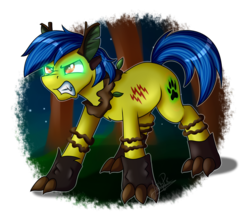 Size: 2800x2500 | Tagged: safe, artist:jack-pie, oc, oc only, hybrid, original species, pony, timber pony, timber wolf, angry, glowing eyes, high res, night, red eyes, signature, solo, species swap, stars, tree