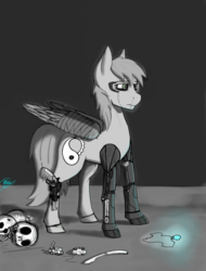 Size: 1556x2048 | Tagged: safe, artist:raw16, oc, oc only, oc:rave muller, pegasus, pony, amputee, augmented, blood, car, collar, crying, crying inside, dark background, digital art, gun, handgun, holster, male, plunged into memories, prosthetic leg, prosthetic limb, prosthetics, revolver, skull, solo, straight razor, toy, weapon
