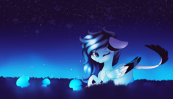 Size: 1024x585 | Tagged: safe, artist:hyshyy, oc, oc only, oc:sapphire moonlight, pegasus, pony, colored wings, female, mare, multicolored wings, mushroom, night, one eye closed, prone, solo, wink