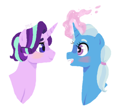 Size: 452x400 | Tagged: safe, artist:mojothebrojo, starlight glimmer, trixie, pony, unicorn, g4, alternate hairstyle, blushing, duo, female, friendshipping, glowing horn, horn, ship:startrix