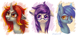 Size: 1024x488 | Tagged: safe, artist:drawirm, oc, oc only, oc:little miss, oc:ruby blaze, oc:sandy shoals, trio