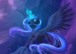 Size: 1500x1068 | Tagged: safe, artist:jaeneth, princess luna, alicorn, pony, g4, female, magic, mare, night, solo, spread wings, windswept mane, wings