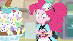 Size: 600x338 | Tagged: safe, screencap, pinkie pie, coinky-dink world, equestria girls, g4, my little pony equestria girls: summertime shorts, animated, cherry, female, food, gif, server pinkie pie, solo, sundae, sweet snacks cafe