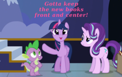Size: 1129x715 | Tagged: safe, edit, edited screencap, screencap, spike, starlight glimmer, twilight sparkle, alicorn, dragon, pony, g4, to where and back again, book, box, caption, cloud, cropped, cute, looking up, mountain, mural, raised hoof, smiling, smirk, stairs, text, twiabetes, twilight sparkle (alicorn), twilight's castle