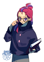 Size: 608x849 | Tagged: safe, artist:dusty-munji, moondancer, human, g4, book, clothes, female, glasses, humanized, simple background, solo, sweater