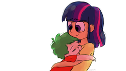 Size: 864x486 | Tagged: safe, artist:eereekuhh, spike, twilight sparkle, human, g4, cute, eyes closed, hug, humanized, mama twilight, sleepy, smiling, spikabetes, spikelove, twiabetes, younger