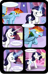 Size: 3256x5040 | Tagged: safe, artist:shadeila, rainbow dash, rarity, pegasus, pony, unicorn, comic:why did i fall in love with her?, g4, absurd resolution, carousel boutique, comic, dialogue, female, floppy ears, glasses, lesbian, magic, mannequin, mare, open mouth, ship:raridash, shipping, telekinesis