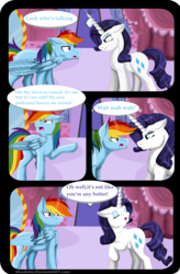 Size: 3228x4917 | Tagged: safe, artist:shadeila, rainbow dash, rarity, pegasus, pony, unicorn, comic:why did i fall in love with her?, g4, argument, carousel boutique, comic, dialogue, female, floppy ears, high res, lesbian, looking at each other, mare, open mouth, raised hoof, ship:raridash, shipping