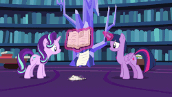 Size: 960x540 | Tagged: safe, edit, screencap, starlight glimmer, twilight sparkle, alicorn, pony, fame and misfortune, g4, animated, book, caption, dust, female, friendship journal, gif, levitation, looking at each other, magic, page, sassy, table, telekinesis, text, twilight sparkle (alicorn), twilight's castle, twilight's castle library