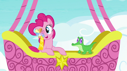 Size: 1280x720 | Tagged: safe, screencap, gummy, pinkie pie, pony, g4, not asking for trouble, ambassador badge, hot air balloon, prehensile mane, twinkling balloon