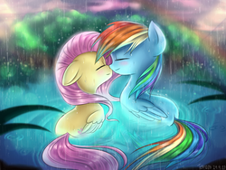 Size: 1483x1116 | Tagged: safe, artist:tcn1205, fluttershy, rainbow dash, pegasus, pony, g4, blushing, butt, cute, dashabetes, duo, duo female, eyes closed, female, floppy ears, folded wings, forest, lesbian, mare, nuzzling, pegaduck, plot, pond, rain, rainbow, ship:flutterdash, shipping, shyabetes, smiling, water, wet, wet mane