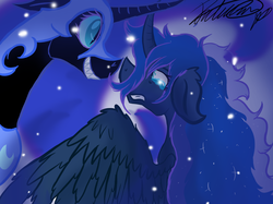 Size: 1890x1417 | Tagged: safe, artist:colourblossom, nightmare moon, princess luna, alicorn, pony, g4, crying, evil grin, female, grin, mare, self ponidox, smiling