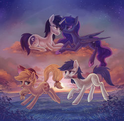 Size: 1280x1246 | Tagged: safe, artist:fly-gray, applejack, princess luna, oc, oc:constance everheart, oc:lunar evening, g4, canon x oc, cloud, everjack, female, flower, flower in mouth, luvning, male, mouth hold, shipping, straight