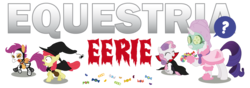 Size: 1000x350 | Tagged: safe, artist:jimmytrius, apple bloom, rarity, scootaloo, sweetie belle, vampire, equestria daily, g4, banner, bathrobe, bone, candy, clothes, costume, cutie mark crusaders, dracula, face mask, food, mud mask, nightmare night, nightmare night costume, robe, simple background, skeleton, skeleton costume, transparent background, witch