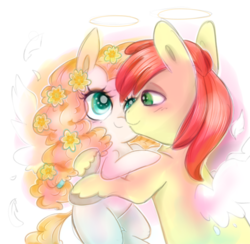 Size: 912x891 | Tagged: safe, artist:pinkablue, derpibooru exclusive, bright mac, pear butter, angel, angel pony, earth pony, pony, g4, angelic wings, duo, female, flower, flower in hair, flying, halo, heaven, looking at each other, male, ship:brightbutter, shipping, simple background, straight, wings