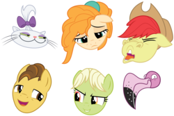 Size: 9312x6211 | Tagged: safe, artist:amarthgul, bright mac, grand pear, granny smith, opalescence, pear butter, thorax, cat, changedling, changeling, earth pony, flamingo, pony, g4, the perfect pear, to change a changeling, :3, absurd resolution, disguise, disguised changeling, emoticon, faic, king thorax, sad, simple background, sneezing, transparent background, vector, young grand pear, young granny smith, younger