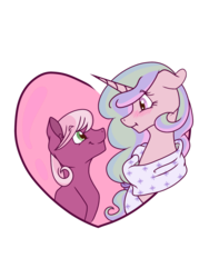 Size: 1024x1365 | Tagged: safe, artist:absolutecactus, cheerilee, princess celestia, g4, alternate design, alternate hairstyle, alternate universe, blushing, clothes, duo, female, heart, lesbian, looking at each other, nextgen:bedlamverse, ponytail, scarf, ship:cheerilestia, shipping, simple background, transparent background