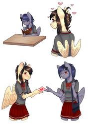 Size: 2480x3507 | Tagged: safe, artist:maria-fly, oc, oc only, oc:haisuu gaku, oc:hidoi akogare, pegasus, anthro, anthro oc, blushing, clothes, female, heart, high res, lesbian, letter, school uniform, schoolgirl