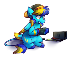 Size: 1024x793 | Tagged: safe, artist:crownedspade, oc, oc only, oc:zap, pegasus, pony, cap, hat, male, nintendo switch, simple background, sitting, solo, stallion, tail feathers, transparent background
