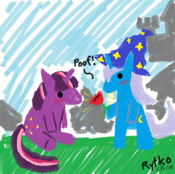 Size: 900x896 | Tagged: safe, artist:rytko, trixie, twilight sparkle, pony, unicorn, g4, bipedal, blushing, canterlot castle, clothes, female, flower, hat, lesbian, poof, ship:twixie, shipping, sitting, trixie's hat