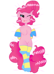 Size: 4000x5500 | Tagged: safe, artist:kiwiscribbles, pinkie pie, earth pony, pony, g4, :3, absurd resolution, body pillow, body pillow design, clothes, female, heart eyes, kneesocks, mare, on back, one eye closed, socks, solo, striped socks, tongue out, wingding eyes, wink