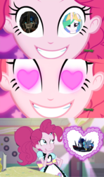 Size: 1280x2160 | Tagged: safe, artist:grissaecrim, pinkie pie, princess celestia, human, coinky-dink world, equestria girls, g4, my little pony equestria girls: summertime shorts, comic, crossover, crossover shipping, exploitable meme, heart, heart eyes, male, meme, op is a duck, op is trying to start shit, optilestia, optimus prime, pinkie the shipper, pinkie's eyes, shipper on deck, shipping, transformers, transformers prime, wingding eyes