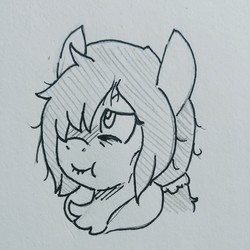 Size: 3120x3119 | Tagged: safe, artist:shpace, oc, oc only, oc:floor bored, earth pony, pony, 4chan, :t, blushing, bust, female, grayscale, hair over one eye, high res, mare, monochrome, portrait, scrunchy face, solo, traditional art