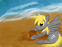 Size: 1400x1050 | Tagged: safe, artist:twilightwolf91, derpy hooves, g4, beach, female, food, muffin, ocean, sand, solo