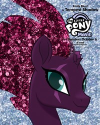 Size: 2000x2500 | Tagged: safe, fizzlepop berrytwist, tempest shadow, pony, unicorn, g4, my little pony: the movie, official, broken horn, cute, emily blunt, eye scar, female, high res, horn, mare, movie poster, my little pony logo, poster, pretty, pretty pretty tempest, scar, smiling, solo, tempestbetes, when she smiles