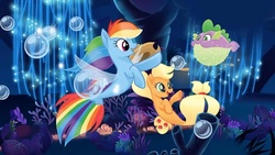 Size: 551x310 | Tagged: safe, applejack, rainbow dash, spike, earth pony, pegasus, puffer fish, seapony (g4), g4, my little pony: the movie, applejack's hat, bubble, clothes, coral, cowboy hat, cute, day, dorsal fin, female, fin, fin wings, fins, fish tail, flowing mane, flowing tail, glowing, happy, hat, lidded eyes, mare, ocean, open mouth, open smile, rock, scales, seaponified, seapony applejack, seapony rainbow dash, seaquestria, seashell, seaweed, see-through, smiling, sparkles, species swap, spike the pufferfish, spread wings, swimming, tail, underwater, water, wings