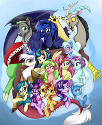 Size: 3000x3700 | Tagged: safe, artist:sapphirescarletta, discord, gilda, indigo zap, juniper montage, king sombra, lemon zest, princess luna, sci-twi, sour sweet, starlight glimmer, sugarcoat, sunny flare, sunset shimmer, trixie, twilight sparkle, alicorn, draconequus, earth pony, griffon, pegasus, pony, unicorn, blue background, bowtie, counterparts, ear piercing, equestria girls ponified, female, glasses, goggles, hairpin, headphones, jewelry, male, missing cutie mark, piercing, pigtails, ponified, ponytail, redemption, reformed sombra, regalia, shadow five, simple background, twilight's counterparts, twintails, wings