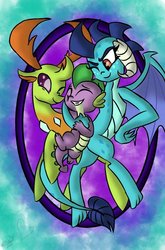 Size: 600x911 | Tagged: safe, artist:emositecc, princess ember, spike, thorax, changedling, changeling, dragon, g4, dragoness, eyes closed, female, king thorax, male, one eye closed, signature, smiling, trio, wingless spike