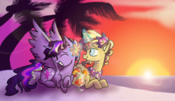 Size: 1024x590 | Tagged: safe, artist:lifekore, sunset shimmer, twilight sparkle, alicorn, pony, g4, beach, eyes closed, female, flower, flower in hair, grin, lei, lesbian, levitation, magic, obtrusive watermark, palm tree, ship:sunsetsparkle, shipping, smiling, spread wings, sunset, telekinesis, tree, twilight sparkle (alicorn), watermark, wings, wreath