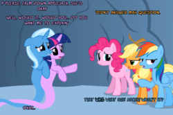 Size: 1048x694 | Tagged: safe, artist:navitaserussirus, applejack, pinkie pie, rainbow dash, trixie, twilight sparkle, genie, g4, female, floppy ears, lesbian, ship:twixie, shipping, unamused