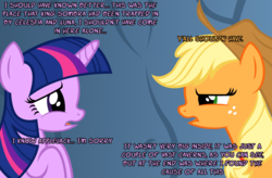 Size: 1048x689 | Tagged: safe, artist:navitaserussirus, applejack, twilight sparkle, genie, g4, unamused