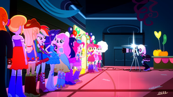 Size: 1366x768 | Tagged: safe, screencap, apple bloom, applejack, cloudy kicks, fluttershy, photo finish, pinkie pie, rainbow dash, rarity, scootaloo, sweetie belle, twilight sparkle, valhallen, a photo booth story, equestria girls, g4, my little pony equestria girls: summertime shorts, ass, background human, butt, clothes, cutie mark crusaders, dress, fall formal outfits, mane six, photography, suit