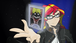 Size: 1024x576 | Tagged: safe, alternate version, artist:spacekingofspace, sunset shimmer, devil, equestria girls, g4, crossover, female, glasses, human coloration, looking at you, persona, persona 4, solo, sunset satan, sunspecs shimmer, tarot card