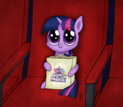 Size: 3238x2822 | Tagged: safe, artist:123turtleshell, twilight sparkle, g4, my little pony: the movie, cute, female, filly, filly twilight sparkle, food, high res, popcorn, solo, theater, time paradox, twiabetes, younger