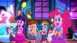 Size: 1366x768 | Tagged: safe, screencap, applejack, captain planet, pinkie pie, rainbow dash, rose heart, scribble dee, thunderbass, twilight sparkle, a photo booth story, equestria girls, g4, my little pony equestria girls: summertime shorts, background human, balloon, cheering, clapping, fall formal outfits, happy, smiling