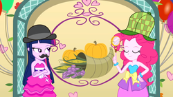 Size: 1366x768 | Tagged: safe, screencap, pinkie pie, twilight sparkle, a photo booth story, equestria girls, g4, my little pony equestria girls: summertime shorts, bowler hat, clothes, cornucopia, crossed arms, deerstalker, dress, facial hair, fall formal outfits, hat, moustache, smug, spinning