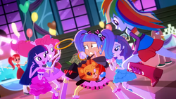 Size: 1366x768 | Tagged: safe, screencap, pinkie pie, rainbow dash, rarity, twilight sparkle, a photo booth story, equestria girls, g4, my little pony equestria girls: summertime shorts, background human, evil grin, excited, fall formal outfits, female, gotcha, grin, happy, imma snuggle you, imminent hape, imminent snuggles, mask, scared, smiling, smirk, this will end in hape, this will end in snuggles, this will end in tears, want, youtube link