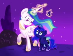 Size: 1024x794 | Tagged: safe, artist:firepoppy, princess celestia, princess luna, alicorn, pony, g4, crown, jewelry, looking at each other, magic, night, raised hoof, regalia, younger