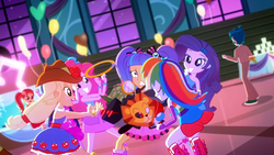 Size: 1366x768 | Tagged: safe, screencap, applejack, pinkie pie, rainbow dash, rarity, twilight sparkle, a photo booth story, equestria girls, g4, my little pony equestria girls: summertime shorts, background human, fall formal outfits, female, gotcha, happy, humane five, humane six, imma snuggle you, imminent snuggles, mask, scared, want