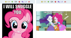 Size: 427x230 | Tagged: safe, pinkie pie, rarity, earth pony, pony, derpibooru, equestria girls, g4, angry, contrast, grin, happy, image macro, juxtaposition, looking at you, meme, meta, smiling, standing