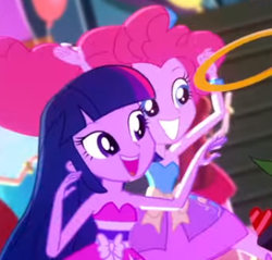 Size: 364x348 | Tagged: safe, pinkie pie, twilight sparkle, a photo booth story, eqg summertime shorts, equestria girls, g4, cropped, fall formal outfits, gotcha, grin, happy, smiling