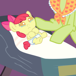 Size: 1000x1000 | Tagged: safe, artist:jolteongirl, apple bloom, granny smith, earth pony, pony, g4, baby, baby apple bloom, baby pony, crib, crying, duo, female, foal, grandmother and grandchild, solo focus