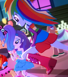 Size: 615x695 | Tagged: safe, screencap, rainbow dash, rarity, tennis match, thunderbass, a photo booth story, equestria girls, g4, my little pony equestria girls: summertime shorts, background human, fall formal outfits, gotcha, grin, happy, imminent glomp, jumping, leap, offscreen character, smiling