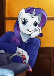Size: 877x1240 | Tagged: safe, artist:alixnight, rarity, unicorn, anthro, g4, rarity investigates, clothes, cosplay, costume, crossover, female, glasses, jessica fletcher, murder she wrote, solo, typewriter